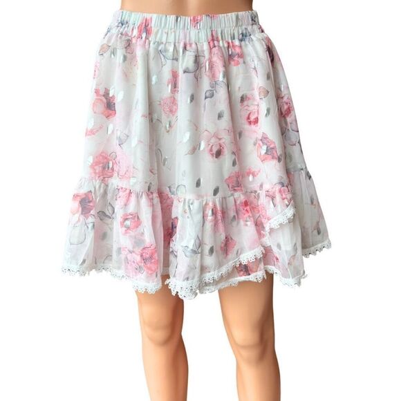 NWT Beulah Style Cream Pink Floral Ruffle Lace Trim Mini Skirt - Picture 2 of 6